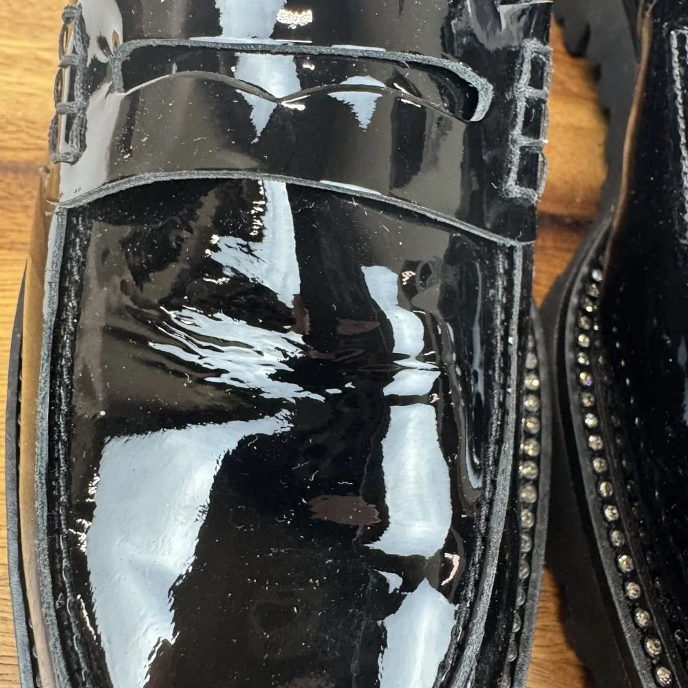 Womens Paul Green Reed Black Patent Leather‎ Rhinestone Penny Loafers Size 7 GUC